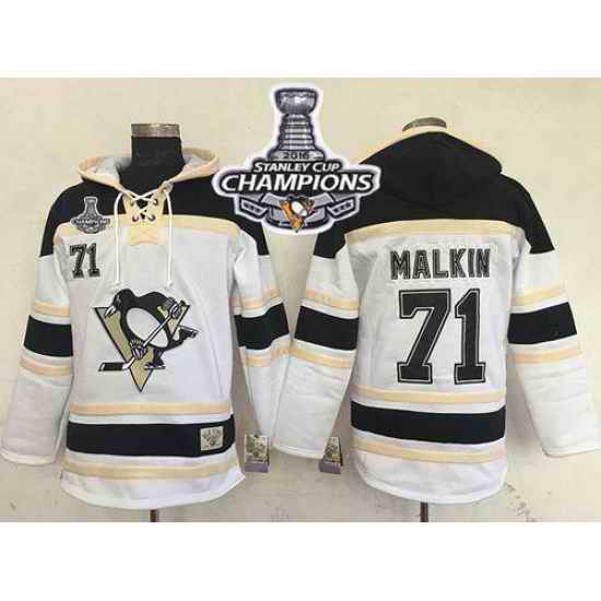 Men Pittsburgh Penguins 71 Evgeni Malkin White Sawyer Hooded Sweatshirt 2016 Stanley Cup Champions Stitched NHL Jersey